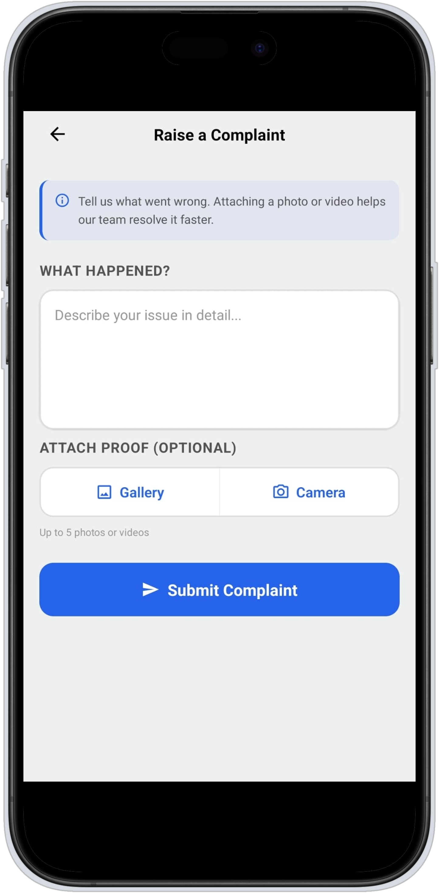 RideMate's Raise a Complaint screen, with a description field and option to attach photo or video proof.