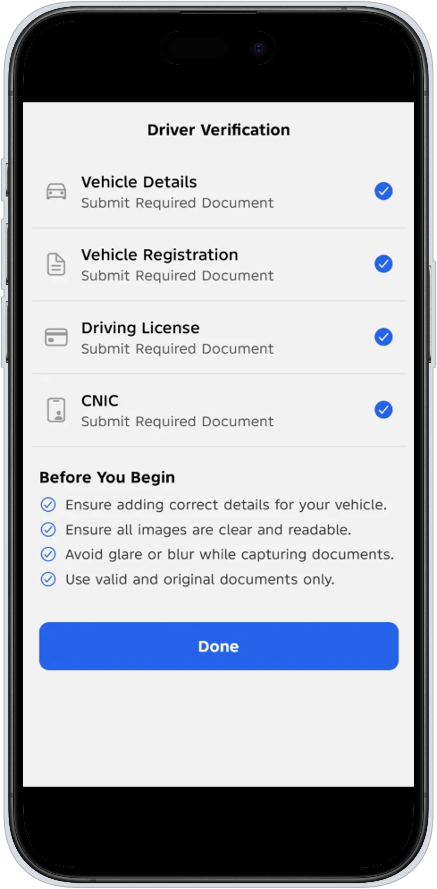 RideMate's driver verification checklist.