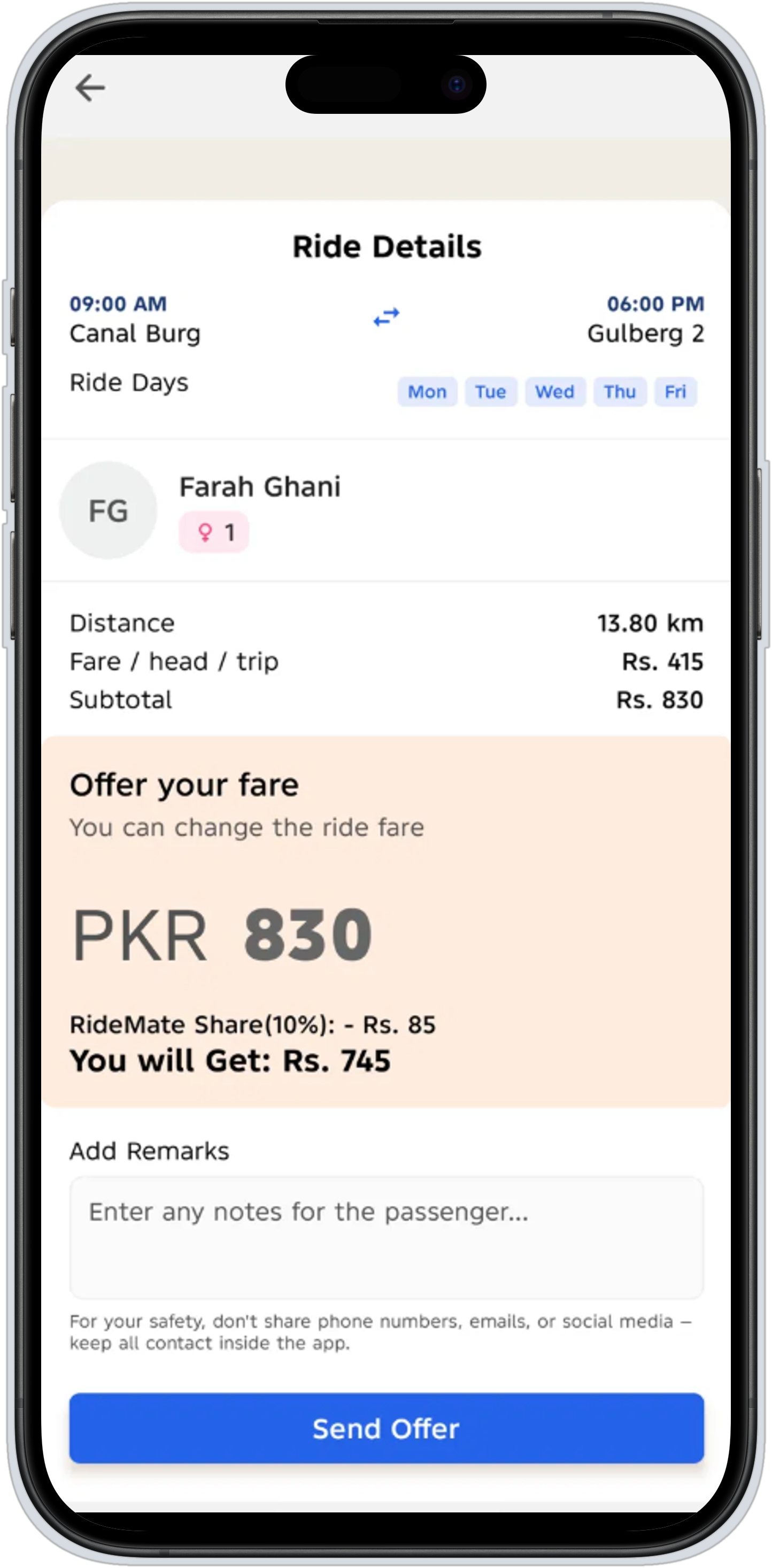 Ride offer screen showing per-seat fare and RideMate's transparent 10% share.