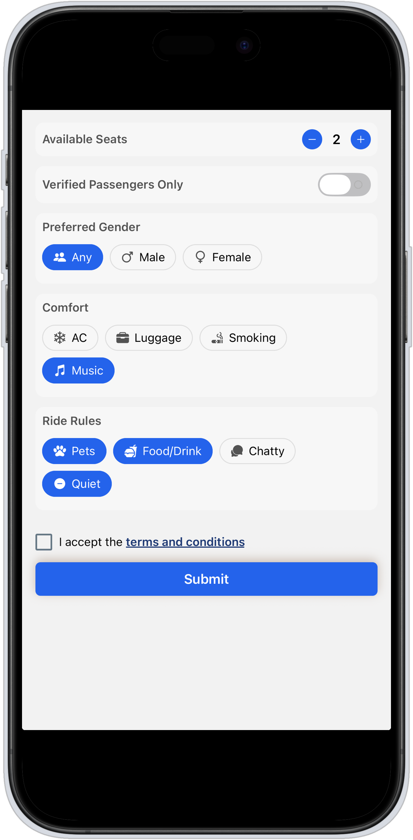 Driver ride preferences: seats, verified passengers only, preferred gender, comfort and ride rules.